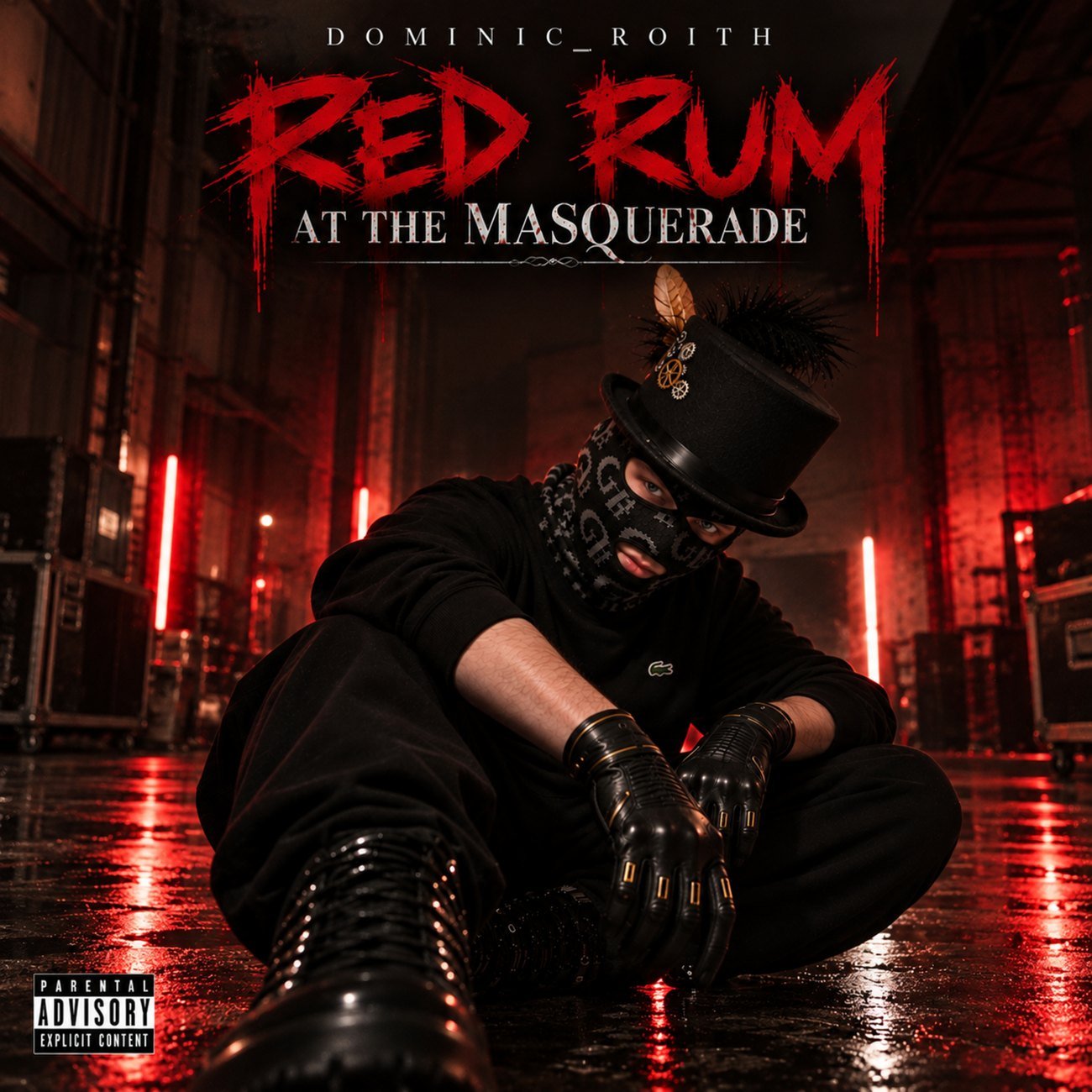 Album-Cover: RED RUM – AT THE MASQUERADE von Dominic Roith, rote Neonröhren, schwarzer Raum