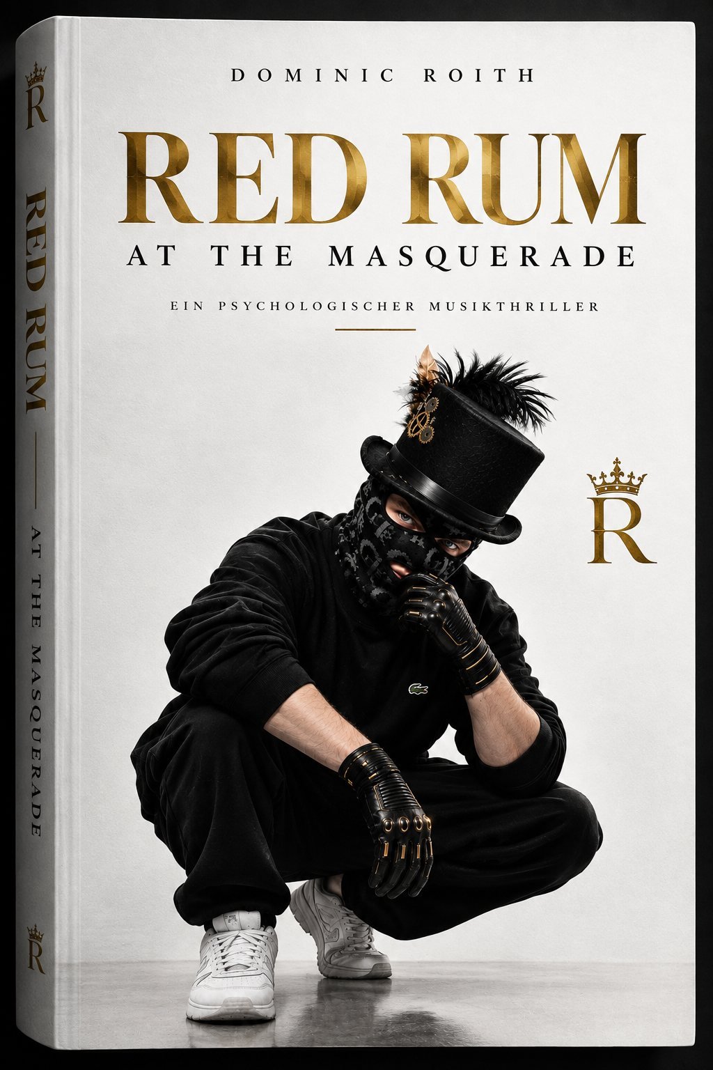 Buchcover: RED RUM – AT THE MASQUERADE von Dominic Roith, schwarzes Cover mit goldener Krone über einem R